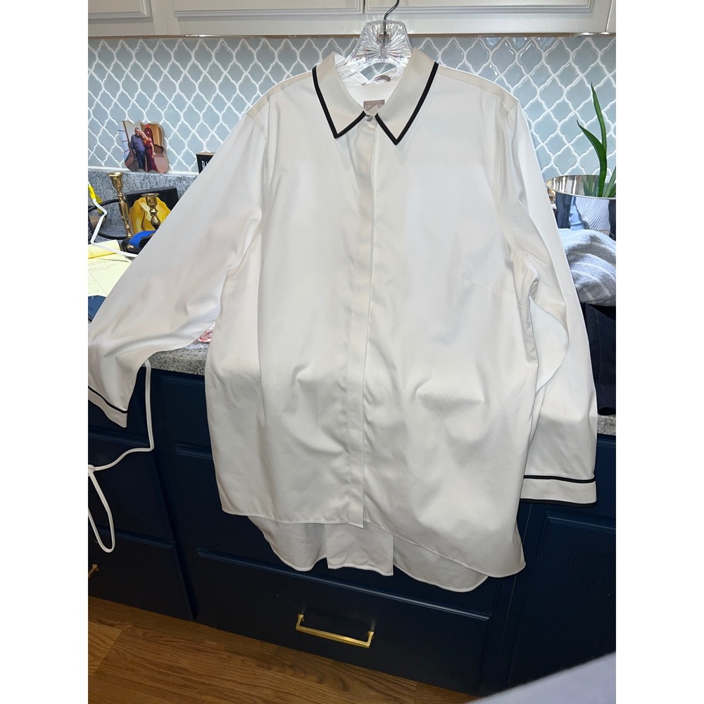 Chicos No Iron White Cotton Blouse Black Trim Rhinestone Button Shirt Size 2 L
